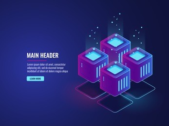 server room, data flow and big dataprocessing concept, cloud storage icon, futuristic digital technology dark neon isometric vector