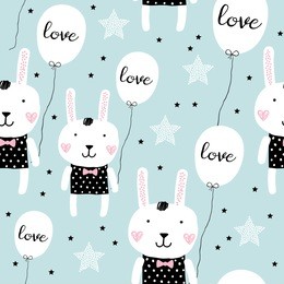 cute rabbit with a balloon. in love bunny. scandinavian style. seamless pattern in pastel colors. good for kids fabric, textile, nursery wallpaper and gift wrap.