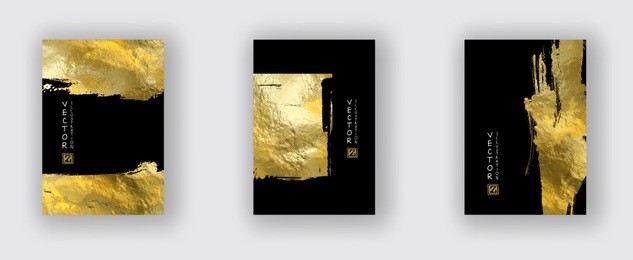 vector black and gold design templates set for brochures, flyers, mobile technologies, applications, online services, typographic emblems, logo, banners. golden abstract modern backgro