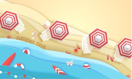 tropical beach in paper art style. vector top view paper cut illustration. summer holiday concept poster template.  craft origami.