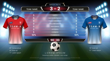 football cup or world championship sport event, soccer jersey mock-up and scoreboard match vs strategy broadcast graphic template, for presentation score or game results (vector eps10, fully editable)
