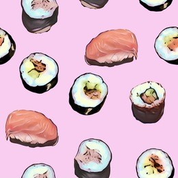 sushi seamless pattern. watercolor background. food illustration.
