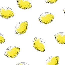 hand drawn seamless pattern. ink sketch  and watercolor stains lemons. citrus fruit background.
