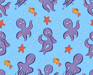 seamless marine cartoon pattern with sea animals