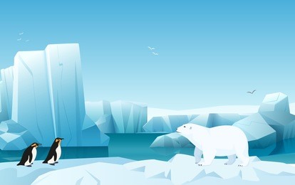 cartoon nature winter arctic ice landscape with iceberg, snow mountains hills. white bear and penguins. vector game style illustration.