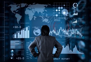 investor analyzing stock market report and financial dashboard with business intelligence (bi), with key performance indicators (kpi).businessman working on new computer screen with vr.