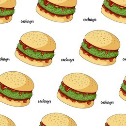 cactus in a burger bun with ketchup. seamless pattern. funny print for textiles. unusual fast food. the original burger. hand drawing. vector illustration on white background.