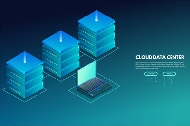 data center banner. servers isometric vector line illustration. cloud hosting concept. internet technology database. laptop and connection to servers. trendy modern vector with gradients.