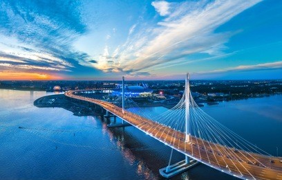 panorama of petersburg. highway. bridges of petersburg. aerial view of st. petersburg. panorama of russian cities. krestovsky island.