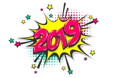 2019 happy new year christmas comic text speech bubble. colored pop art style sound effect. halftone vector illustration banner. vintage comics book poster. colored funny cloud font.