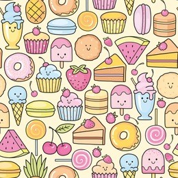 seamless background of sweet and dessert doodle. pattern wiht cute cake, sweet donat, cartoon cookies and macaron
