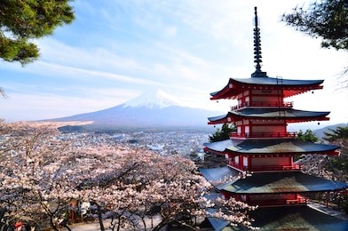 red pagoda with mt. fuji as the background