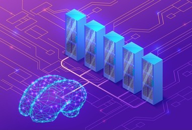 artificial intelligence concept with electric brain and neural network, isometric 3d illustration with smartphone, laptop, mobile gadget, modern data storage banner, landing page background