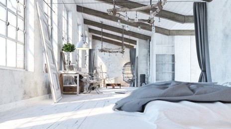 loft living room. interior design. garret. bedroom in loft style. 3d illustration