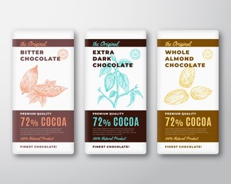 the original finest chocolate abstract vector packaging design label. modern typography and hand drawn cocoa branch with leaves and bean and almond nuts sketch silhouette background layout. isolated.