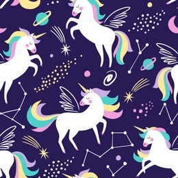 hand drawn seamless vector pattern with cute unicorns, stars and planet. repetitive wallpaper on dark blue background. perfect for fabric, wallpaper, wrapping paper or nursery decor.