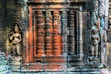 colorful antient reliefs of banteay kdei temple in angkor wat complex in cambodia