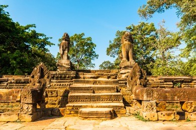 srah srang with lion and naga statues in angkor wat tenple in cambodia