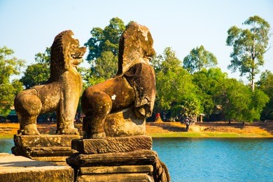 srah srang with lion and naga statues in angkor wat tenple in cambodia