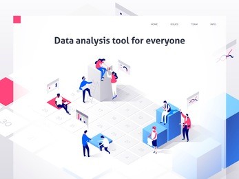 people in a team build a time schedule and interact with graphs. landing page template. 3d isometric vector illustration