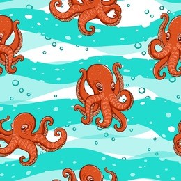 orange octopuses on the background of sea waves. decorative seamless pattern.