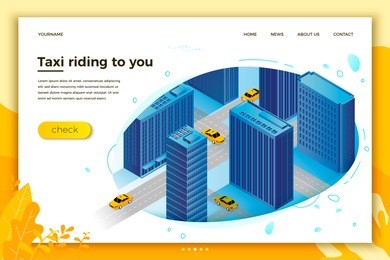 vector concept illustration -  taxi cab riding for client. modern bright banner, site template with place for your text.
