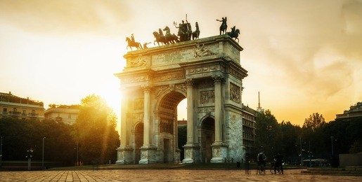 arco della pace or "arch of peace" in milan, italy, built as part of foro bonaparte to celebrate napoleon's victories. it is city gate of milan located at center of simplon square in milan, italy.