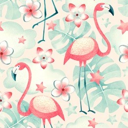 watercolor illustrations of flamingos, tropical flowers and leaves. seamless tropical pattern