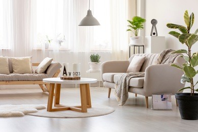 wooden table on rug in front of settee in simple living room interior with ficus. real photo