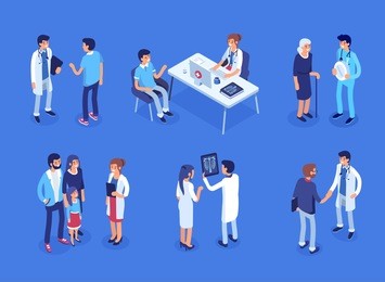 doctor and patients concept banner with characters. can use for web banner, infographics, hero images. flat isometric vector illustration.