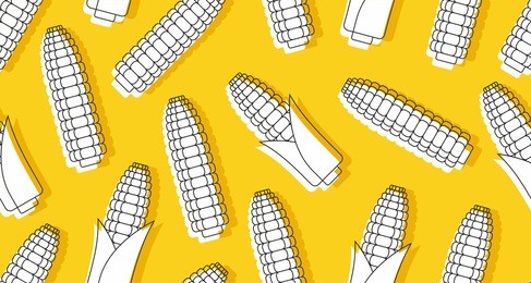 seamless pattern with corn, thin line style. isolated on yellow background