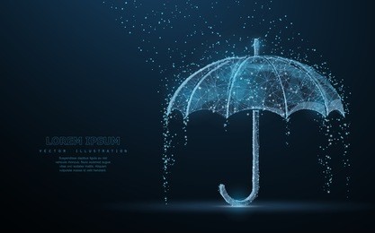 vector umbrella rain protection. abstract wire low poy umbrella cover in rain illustration on dark blue background with water fall drops. meteorology, safety, autumn season concept