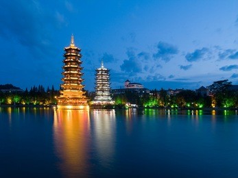 banyan lake pagodas, guilin, china ,one represents the sun, the other the moon