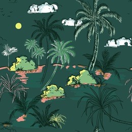 vintage island and palm trees hand drawing sketch line in seamless pattern vectoe for fashion fabric and all prints on retro green background
