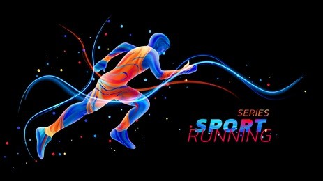 vector 3d runner with neon light lines isolated on black background with colorful spots. liquid design with colored paintbrush. illustration of athletics, marathon, run. sports and competition theme.