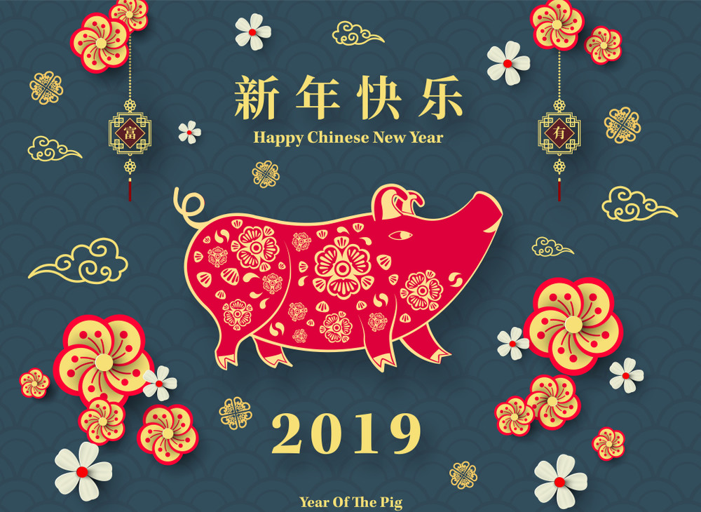 happy chinese new year 2019 year of the pig paper cut style. chinese characters mean happy new year, wealthy, zodiac sign for greetings card, flyers, invitation, posters, brochure, banners, calendar.