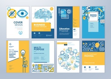 brochure cover design and flyer layout templates set for education, school, online learning. vector illustrations for marketing material, ads and magazine, annual report cover, business presentation.