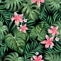 trendy seamless vector pattern with palm leaves and jungle flowers. summer background. fashion print.