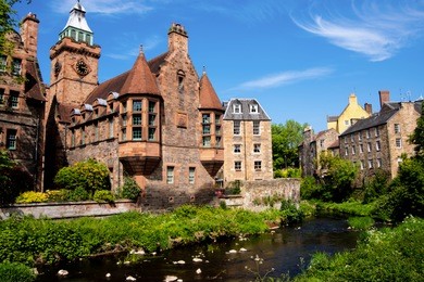 water of leith village on a sunny day in spring. edinburgh, scotland, uk.
