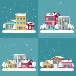 christmas winter holiday backgrounds set with town streets. winter town landscape, house village building in snow illustration