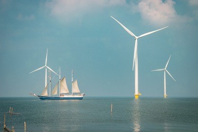 windmill park in the lake ijsselmeer in flevoland netherlands , windmill farm offshore and onshore 