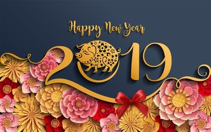 happy chinese new year 2019 zodiac sign with gold paper cut art and craft style on color background.(chinese translation : year of the pig)