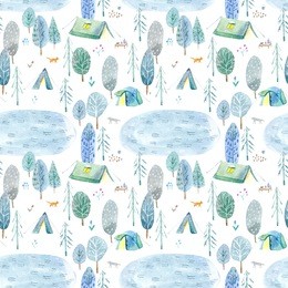 seamless pattern of a camping in the woods and lake.tent, trees, fox, plants,boat and floral.landscape tourism.watercolor hand drawn illustration.white background.