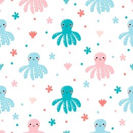 vector childish seamless pattern with cute octopus on white background.