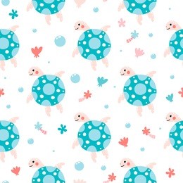 vector childish seamless pattern with cute sea turtles on white background.