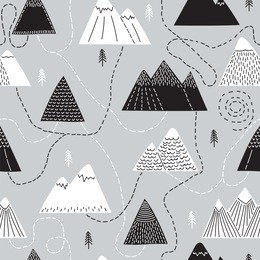 cute hand drawn seamless pattern with trees and mountains. creative scandinavian woodland background. forest. stylish sketch. vector illustration