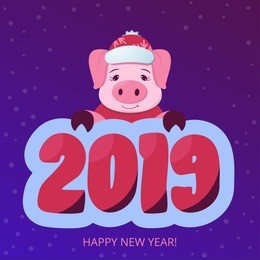 chinese new year 2019. cute pig on the violet gradient background. horoscope. christmas banner. cartoon vector illustration. print or sticker. web poster. animal, totem, symbol
