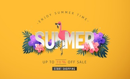 summer sale background layout banners decorate with paper art tropical leaf and flamingo .voucher discount.vector illustration template.