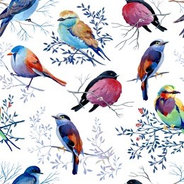 seamless pattern of gouache birds on a white background.clipart consist of berries, flowers, leaves, bird and branches.