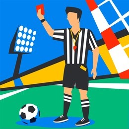 soccer referee showing red card. football cup. football judge against background of stadium. soccer penalty. full color illustration in flat style. vector illustration